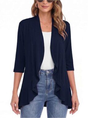 Draped Open Front Cardigan 3/4 Sleeve Lightweight Ruffle Summer Shrug